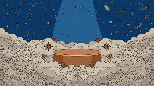 P&oacute;dio circular para exibi&ccedil;&atilde;o de produtos com tema celestial, apresentando um fundo de c&eacute;u noturno estilizado com nuvens decorativas, estrelas, planetas e um feixe de luz central.