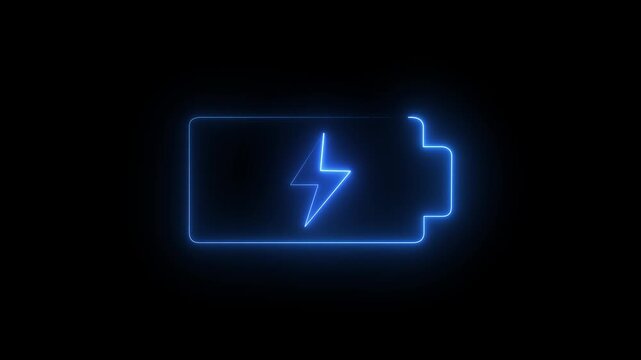 Glowing neon battery icon animation with red lightning blinking bolt on black background. 4 k animation video.