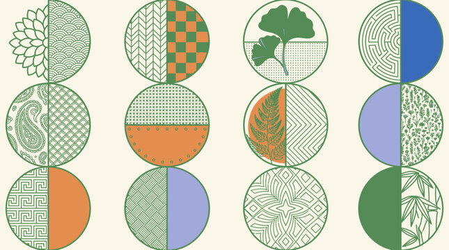 Set di icone circolari decorative con motivi geometrici, floreali e botanici in stile moderno e minimalista su sfondo color crema, ideale per design grafico e branding creativo.