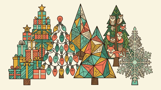 Ilustra&ccedil;&atilde;o vetorial de uma floresta de Natal estilizada com &aacute;rvores decoradas com presentes, luzes, padr&otilde;es geom&eacute;tricos, animais da floresta e flocos de neve em tons past&eacute;is.