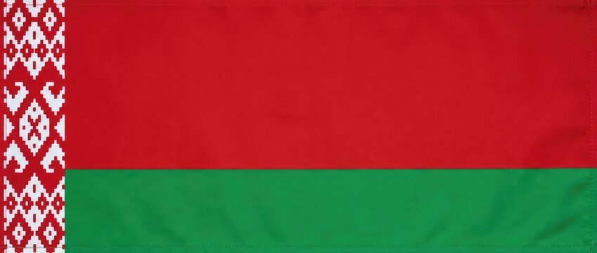 Flag of Belarus, a horizontal tricolor of red and green, with a white and red ornamental pattern at the hoist side