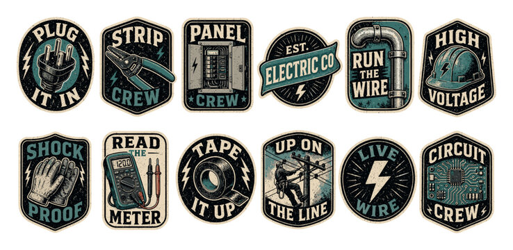 Vintage electrician badges and stickers set featuring electrical tools, power plug, wire strippers, breaker panel, multimeter, safety gloves, and lineman working on a utility pole