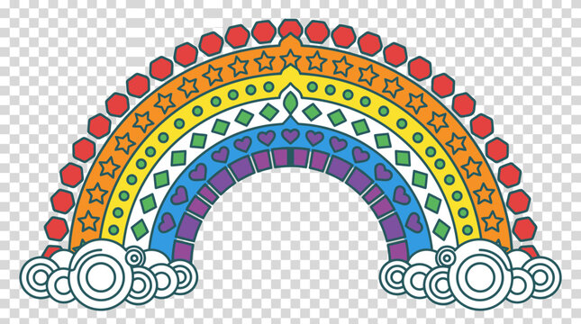 Ilustraci&oacute;n vectorial de un arco&iacute;ris decorativo con patrones geom&eacute;tricos de estrellas, rombos y corazones sobre nubes estilizadas, ideal para dise&ntilde;o gr&aacute;fico infantil y proyectos creativos.