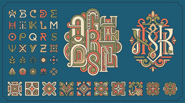 Set di caratteri tipografici decorativi in stile vintage con monogrammi intrecciati, elementi ornamentali geometrici e icone floreali su uno sfondo blu scuro per design grafico.