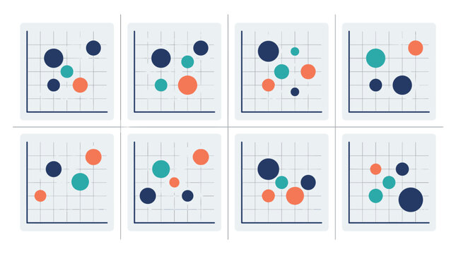 Set of eight abstract scatter plots with blue, teal, and coral circles of varying sizes on a light gray background, representing data visualization and analytics