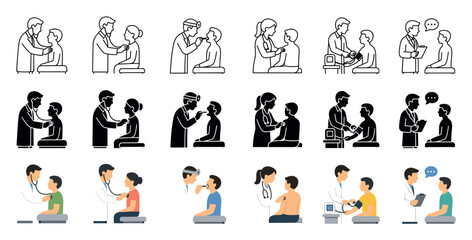 Fototapeta premium Medical checkup icon set showing doctor examining patient with stethoscope, checking throat, giving vaccine, and measuring blood pressure in line, silhouette, and flat styles
