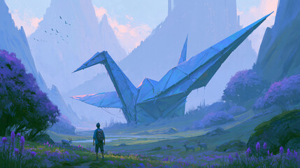 Fototapeta premium A young man gazes at a massive origami crane in a mystical landscape.
