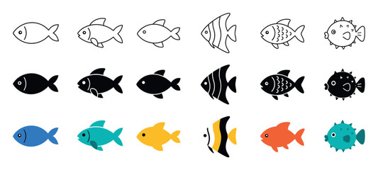 Obraz premium Fish vector icon set in different styles including outline, solid black silhouette, and colorful flat designs for marine life graphics