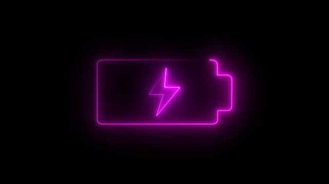 Glowing neon battery icon animation with red lightning blinking bolt on black background.4 k animation video.