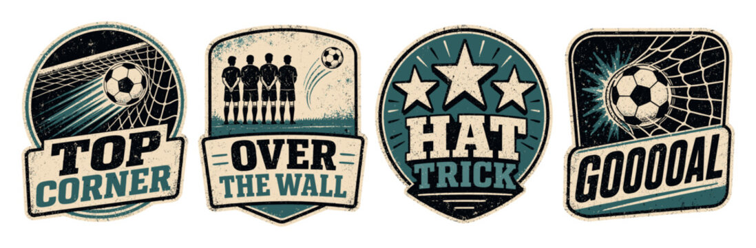 Soccer badges set with vintage grunge style designs featuring football themes including top corner goal, over the wall free kick, hat trick stars, and goal in net
