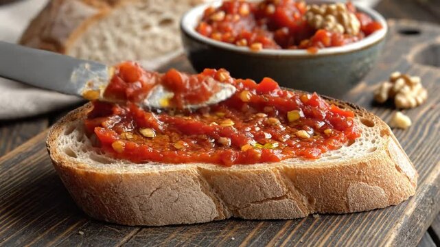 Spreading savory tomato chutney with walnuts on fresh bread, showcasing a delicious appetizer recipe