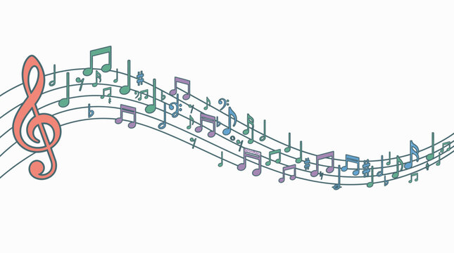 Eine bunte Illustration von flie&szlig;enden Notenlinien und verschiedenen Musiknoten, die eine dynamische Melodie auf einem schlichten wei&szlig;en Hintergrund darstellen.