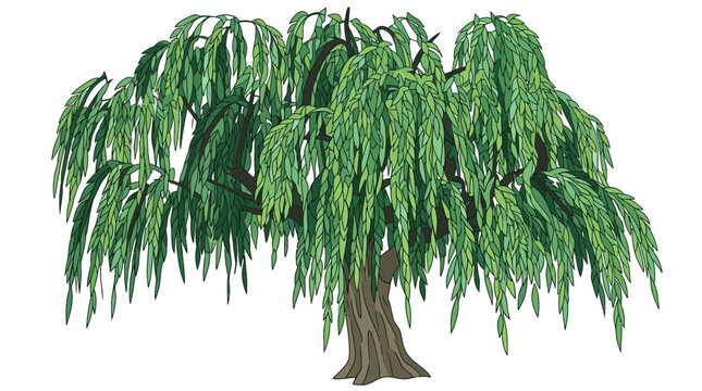 Illustrazione vettoriale di un salice piangente con rami pendenti e foglie verdi dettagliate, isolato su sfondo bianco per progetti di design naturalistico e botanico.