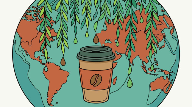 Ilustraci&oacute;n conceptual de un vaso de caf&eacute; para llevar sobre un mapa del mundo con hojas colgantes, representando el comercio global de caf&eacute; y la sostenibilidad en la industria cafetera.