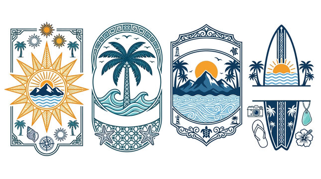 Conjunto de cuatro emblemas vectoriales de estilo vintage con tem&aacute;tica de verano, surf, palmeras, monta&ntilde;as y sol, ideales para dise&ntilde;os de camisetas, logotipos de viajes o etiquetas de playa.