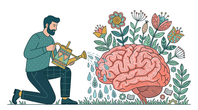 Ilustra&ccedil;&atilde;o vetorial de um homem regando um c&eacute;rebro humano que floresce com flores coloridas, simbolizando o crescimento pessoal, a sa&uacute;de mental e o desenvolvimento intelectual.