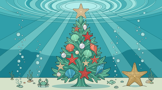 Un &aacute;rbol de Navidad creativo decorado con estrellas de mar y conchas marinas en un entorno submarino con burbujas, peces y un cangrejo en el fondo del oc&eacute;ano azul.