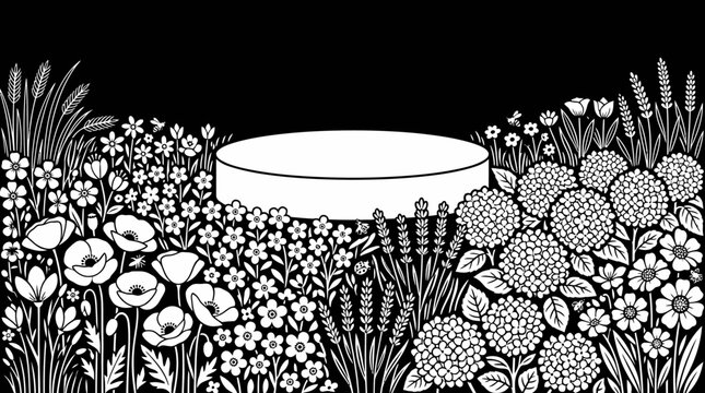 Ein rundes Podest umgeben von einer Vielzahl detaillierter Blumen und Pflanzen in einer schwarz-wei&szlig;en Illustration, ideal als Pr&auml;sentationsfl&auml;che f&uuml;r Produkte.