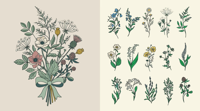 Um conjunto de ilustra&ccedil;&otilde;es bot&acirc;nicas desenhadas &agrave; m&atilde;o, apresentando um buqu&ecirc; de flores silvestres detalhado e uma cole&ccedil;&atilde;o de elementos florais individuais em um estilo art&iacute;stico vintage.