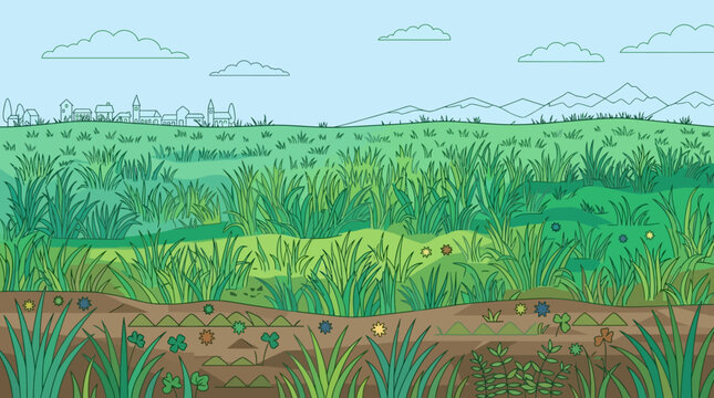 Ilustra&ccedil;&atilde;o vetorial de uma paisagem natural com gramado verde exuberante, camadas de solo detalhadas e uma silhueta de cidade ao fundo sob um c&eacute;u azul claro com nuvens.