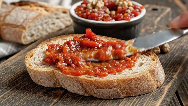 Spreading savory tomato chutney on toasted bread, a delicious breakfast or snack food concept, close up shot