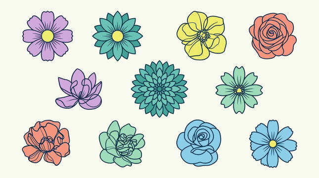 Conjunto de ilustra&ccedil;&otilde;es vetoriais de flores coloridas desenhadas &agrave; m&atilde;o com contornos pretos e cores suaves, perfeitas para design gr&aacute;fico, convites e projetos decorativos criativos.