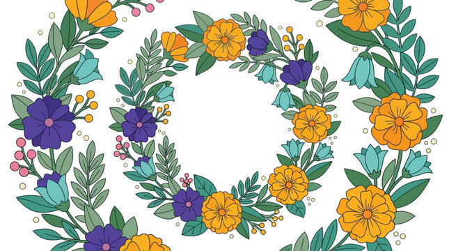 Illustrazione vettoriale di ghirlande floreali decorative con fiori gialli, viola e azzurri, foglie verdi e bacche, disposte in cerchio su sfondo bianco per design elegante e naturale.