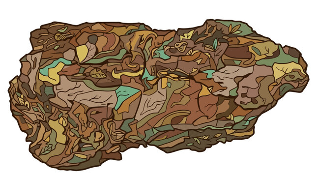 Ilustra&ccedil;&atilde;o vetorial de uma rocha abstrata com texturas org&acirc;nicas em tons terrosos, marrons e verdes, apresentando um design estilizado e art&iacute;stico com contornos definidos em fundo branco.