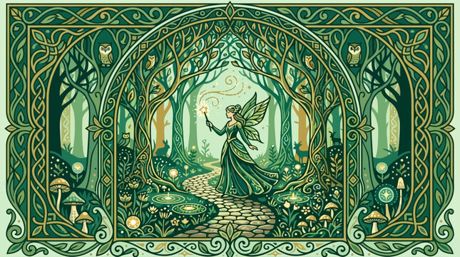 Eine bezaubernde Waldfee in einem mystischen, von keltischen Ornamenten umrahmten M&auml;rchenwald mit leuchtenden Pilzen und einem magischen Pfad in gr&uuml;nen Farbt&ouml;nen.