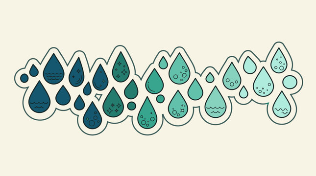 Conjunto de &iacute;cones de gotas de &aacute;gua em estilo plano com gradiente de cores azul e turquesa, apresentando diversos padr&otilde;es internos e contornos brancos sobre um fundo bege claro.
