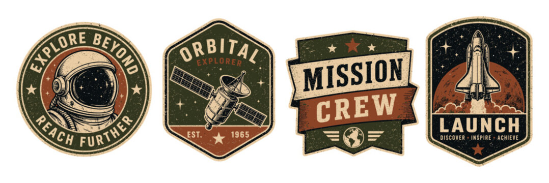 Vintage space exploration badges and patches set featuring astronaut helmet, orbital satellite, mission crew emblem, and space shuttle launch design with distressed texture