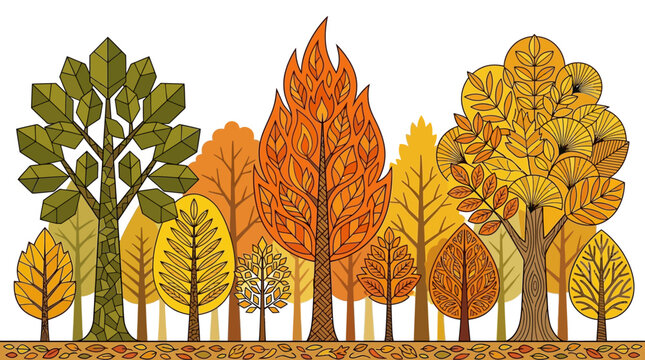 Eine dekorative Illustration eines herbstlichen Waldes mit stilisierten B&auml;umen in warmen Farben wie Orange, Gelb und Gr&uuml;n auf einem wei&szlig;en Hintergrund f&uuml;r herbstliche Designs.