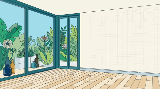Ilustraci&oacute;n de una habitaci&oacute;n moderna con grandes ventanales que dan a un jard&iacute;n tropical, suelo de madera y una pared blanca vac&iacute;a ideal para colocar muebles o decoraci&oacute;n en un dise&ntilde;o interior.