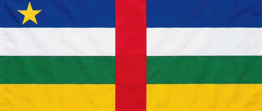 The flag of the Central African Republic featuring horizontal stripes of blue, white, green, and yellow, with a vertical red stripe and a single yellow star