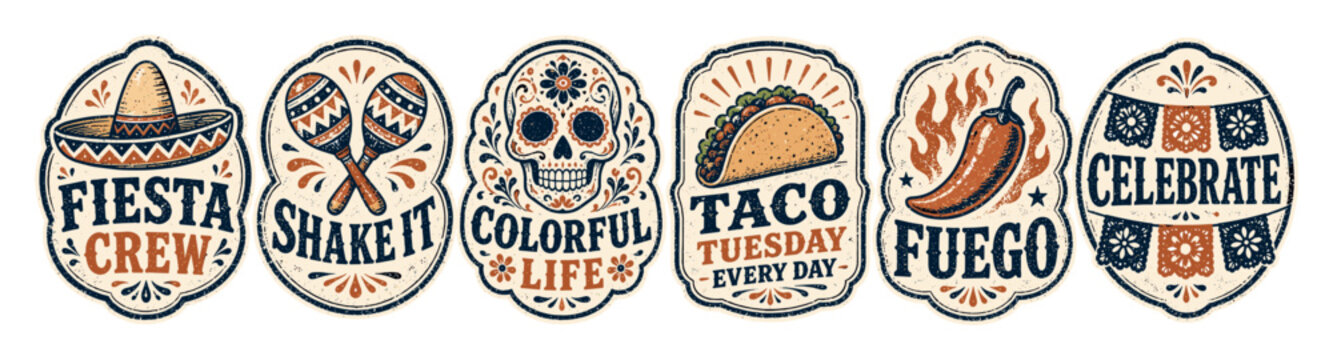 Mexican fiesta stickers with traditional elements including sombrero, maracas, sugar skull, taco, chili pepper, and festive bunting in a vintage distressed style