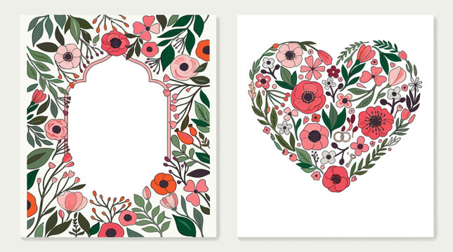 Conjunto de molduras florais decorativas com flores silvestres coloridas e formato de cora&ccedil;&atilde;o, perfeitas para convites de casamento, cart&otilde;es comemorativos e design gr&aacute;fico rom&acirc;ntico.