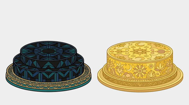 Dois p&oacute;dios cil&iacute;ndricos decorativos com padr&otilde;es ornamentais detalhados em tons de azul escuro e dourado, isolados sobre um fundo cinza claro para apresenta&ccedil;&otilde;es de produtos.