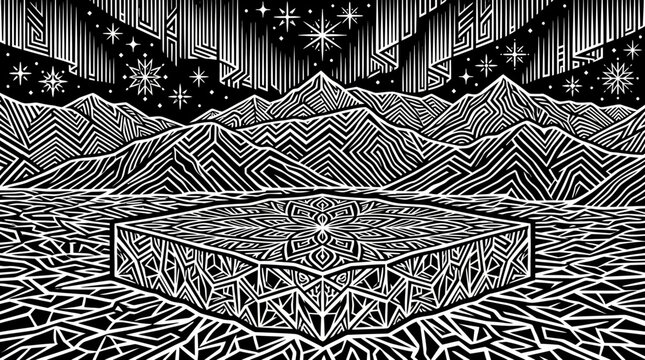 Un podio geometrico centrale con motivi intricati situato in un paesaggio montano stilizzato sotto un cielo notturno con aurora boreale e stelle in bianco e nero