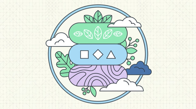 Illustrazione vettoriale piatta di un emblema circolare decorativo con forme geometriche stilizzate, foglie naturali e nuvole soffici su uno sfondo a griglia sottile in stile minimalista moderno