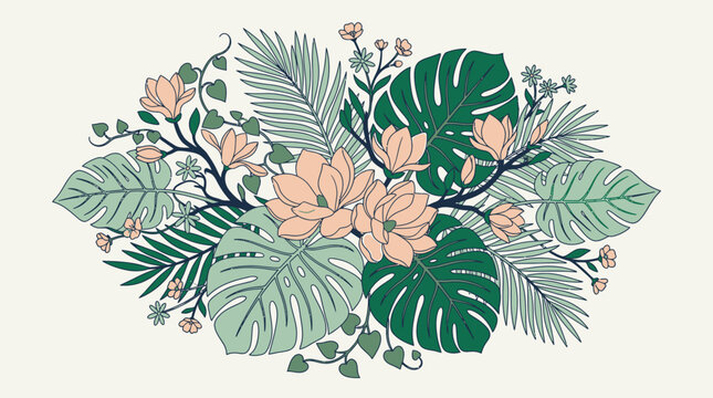 Ein elegantes florales Arrangement mit tropischen Monstera-Bl&auml;ttern, Palmenwedeln und zarten pfirsichfarbenen Bl&uuml;ten in einem modernen, flachen Vektor-Illustrationsstil.