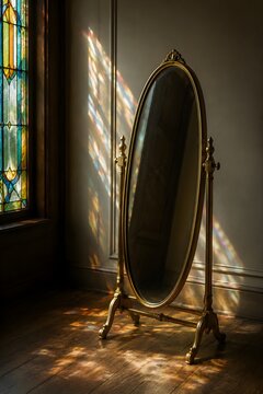 Stained Glass Window Light Washing Over Standing Brass Cheval Mirror Vintage Dressing Room Interior Background
