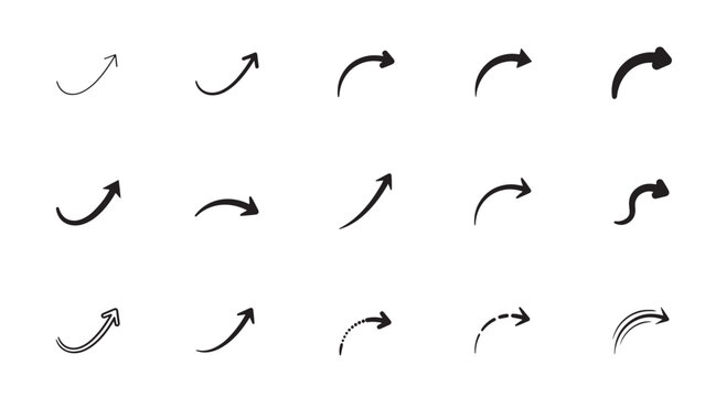 Set of sixteen curved arrow icons in varied styles and thickness