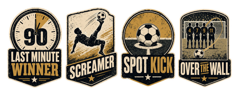 Vintage soccer badges and emblems set featuring retro designs for last minute winner, screamer kick, spot kick, and over the wall free kick