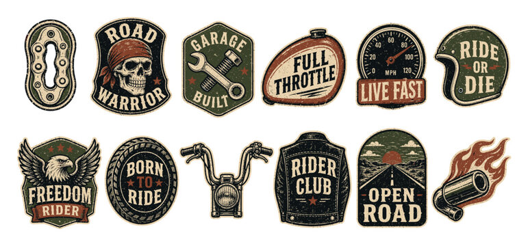 Vintage motorcycle emblems and biker club patches featuring skull eagle handlebars speedometer and custom garage designs with distressed textures