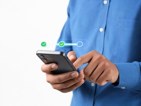 Man using mobile phone for secure two-step authentication with digital checkmark authentication security