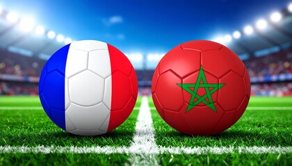 Fototapeta premium Two soccer balls in flags colors on a stadium blurred background. France vs Morocco 3D image. 