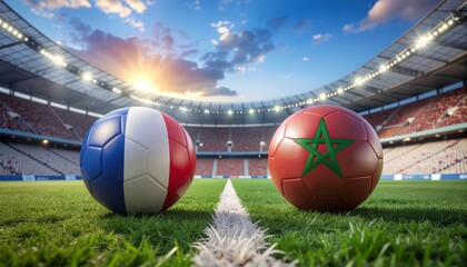 Fototapeta na wymiar Two soccer balls in flags colors on a stadium blurred background. France vs Morocco 3D image. 