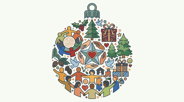 Ilustra&ccedil;&atilde;o vetorial de uma bola de Natal composta por &iacute;cones de pessoas de m&atilde;os dadas, &aacute;rvores, presentes e s&iacute;mbolos de uni&atilde;o, celebrando a solidariedade e o esp&iacute;rito natalino em um design festivo e