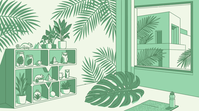 Eine moderne, minimalistische Illustration eines sonnigen Zimmers mit Zimmerpflanzen, einem Regal voller Dekorationen und einem Blick auf ein tropisches Geb&auml;ude durch das Fenster.