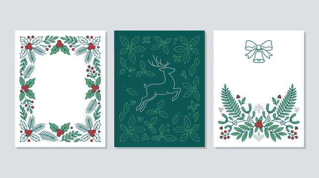 Conjunto de tr&ecirc;s cart&otilde;es de Natal com ilustra&ccedil;&otilde;es lineares de rena, azevinho e la&ccedil;o em estilo minimalista e elegante para convites ou cart&otilde;es de felicita&ccedil;&otilde;es festivas.